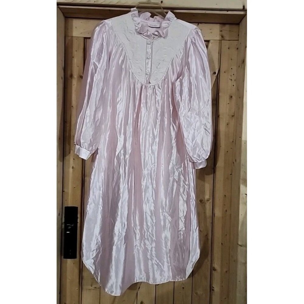 Vintage Sears Cachet Pink Satin Nightgown Womens Small Lace Long Sleeve Ruffle - Picture 1 of 11